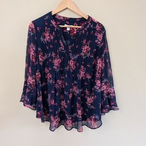 Charter Club Floral Blouse Womens 1X Navy Red Sheer Chiffon Pleated Top